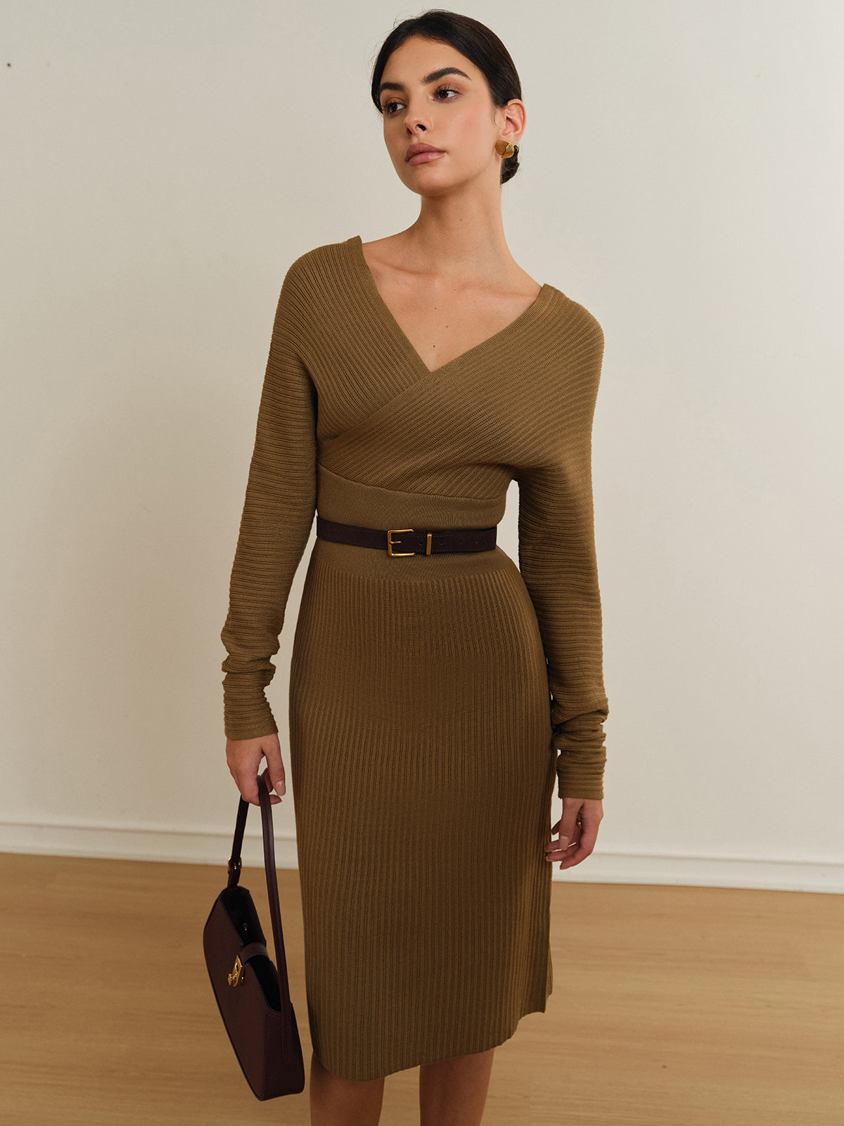 Criss Cross Sweater Dress Without Belt-Mesadic