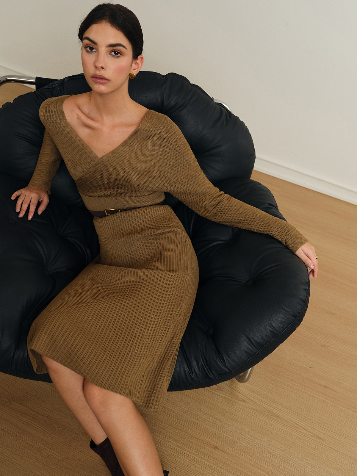 Criss Cross Sweater Dress Without Belt-Mesadic