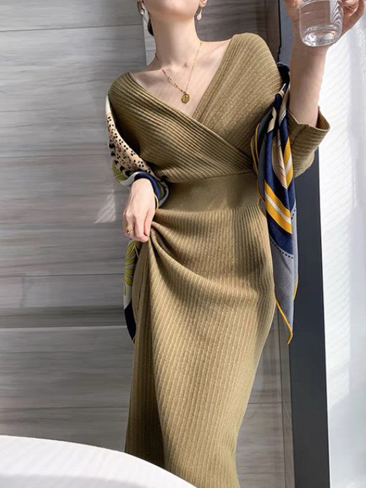 Criss Cross Sweater Dress Without Belt-Mesadic