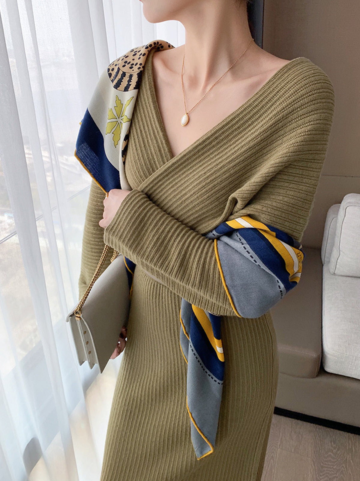 Criss Cross Sweater Dress Without Belt-Mesadic