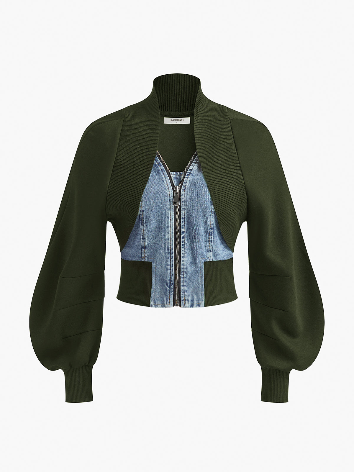 Puff-Sleeve Denim Panel Slim Jacket-Mesadic