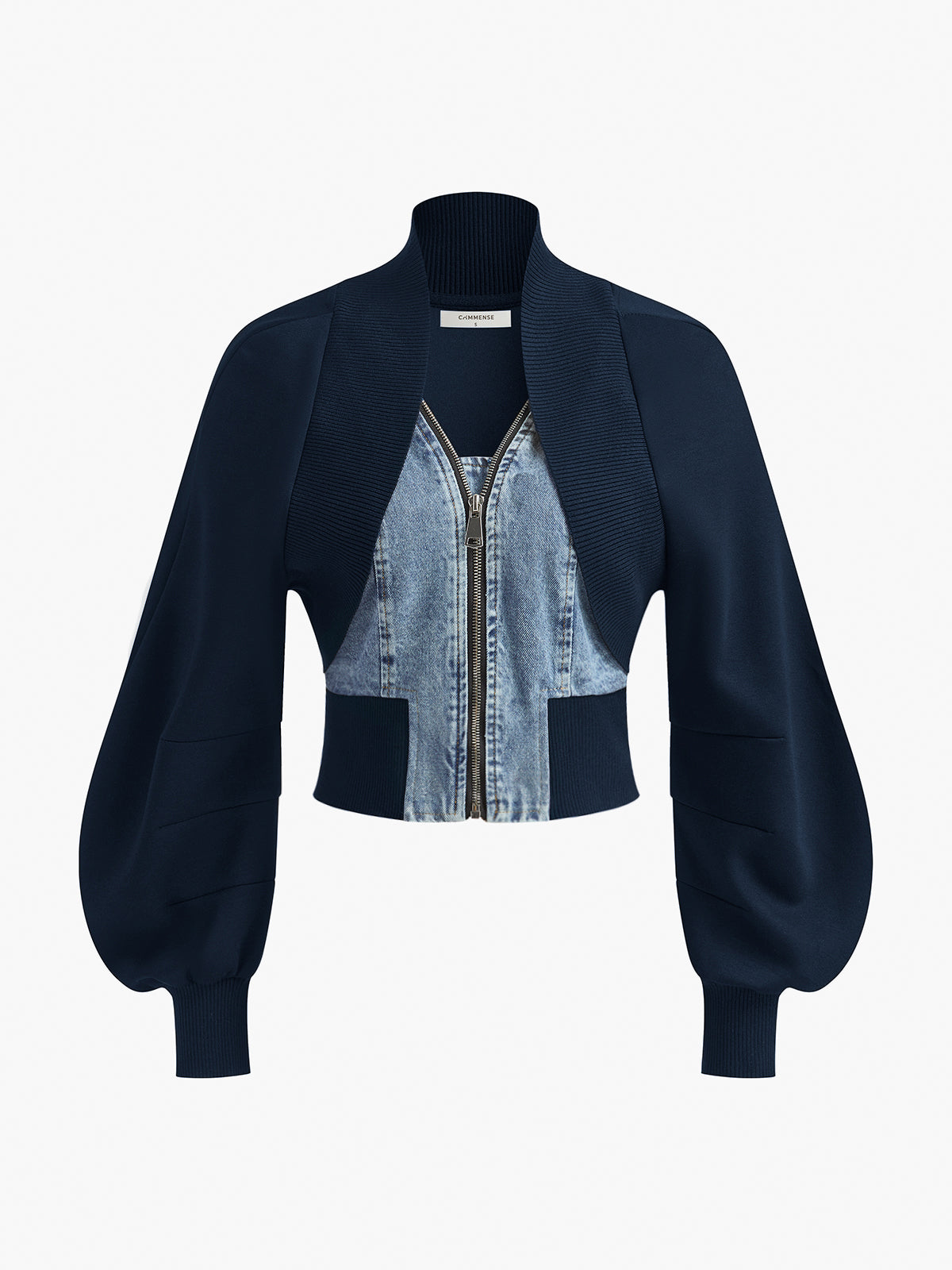 Puff-Sleeve Denim Panel Slim Jacket-Mesadic