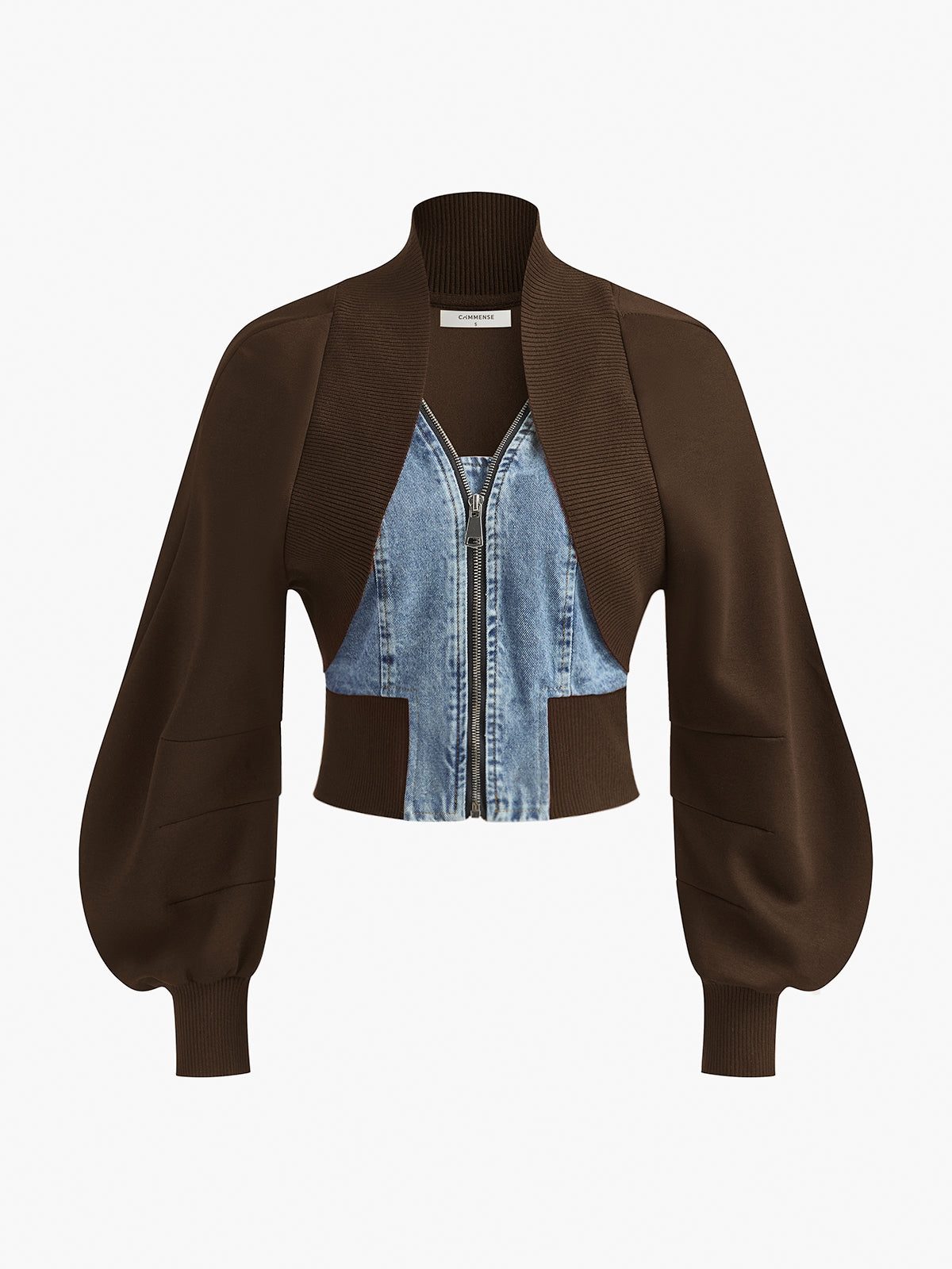 Puff-Sleeve Denim Panel Slim Jacket-Mesadic