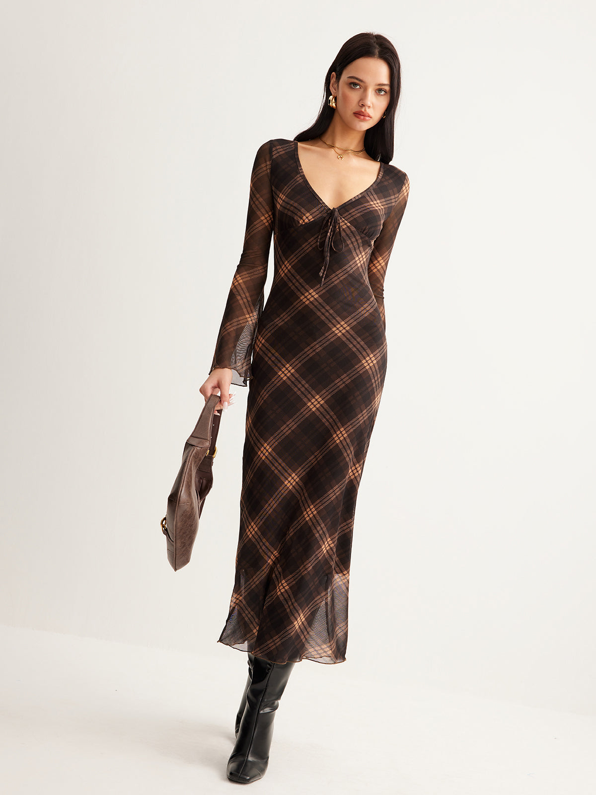 Checked Bell-Sleeve Mesh Dress-Trafni