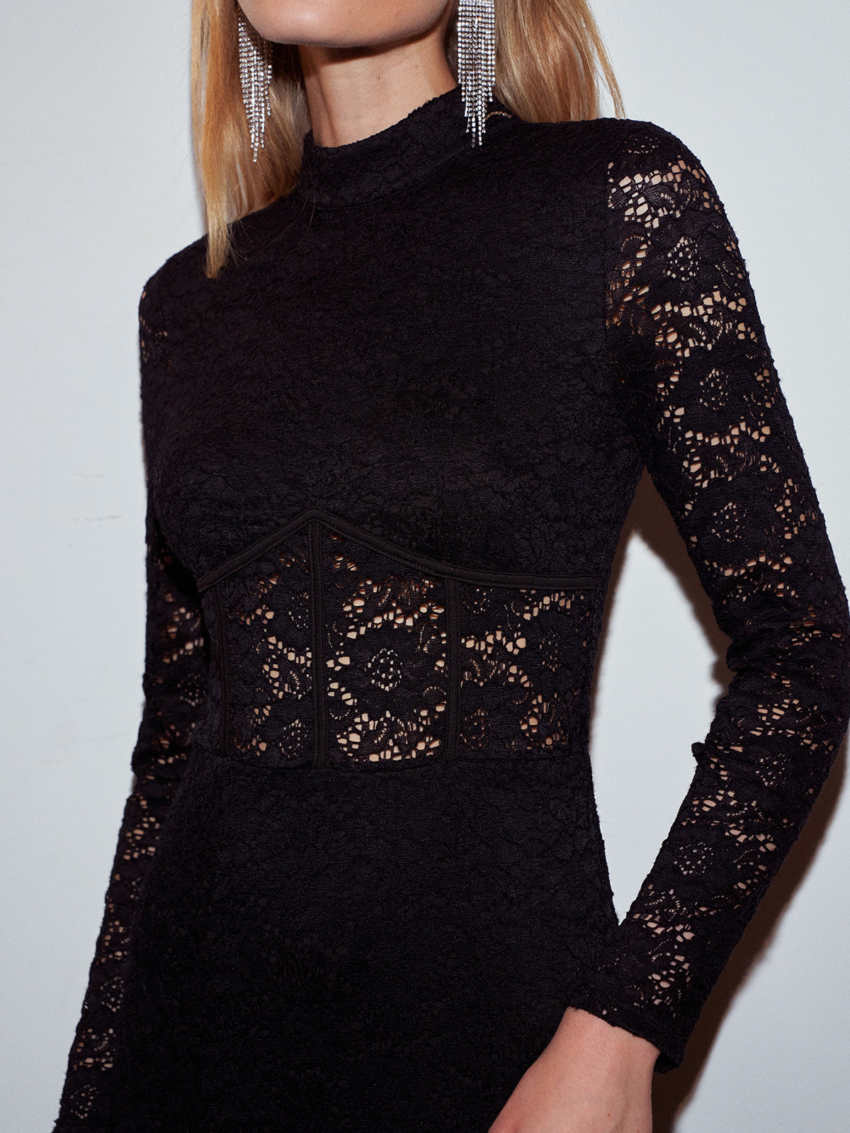 Mock Neck Lace Zipper Dress-Mesadic