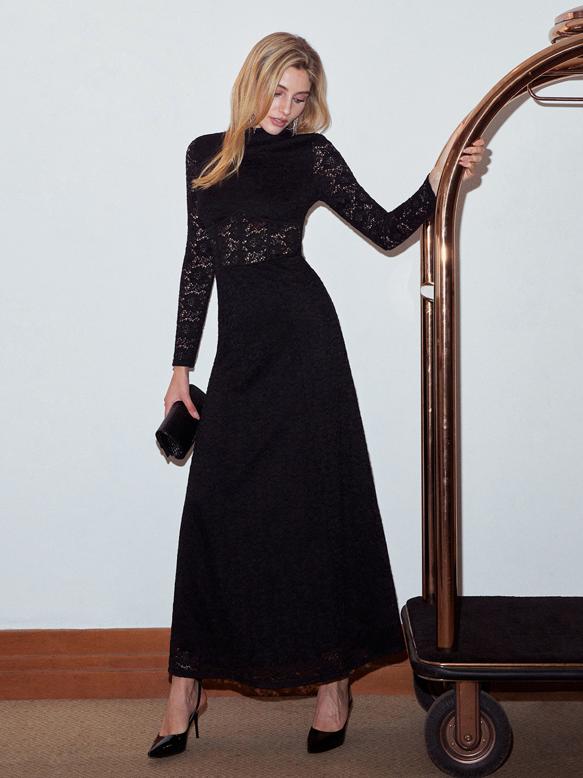 Mock Neck Lace Zipper Dress-Mesadic