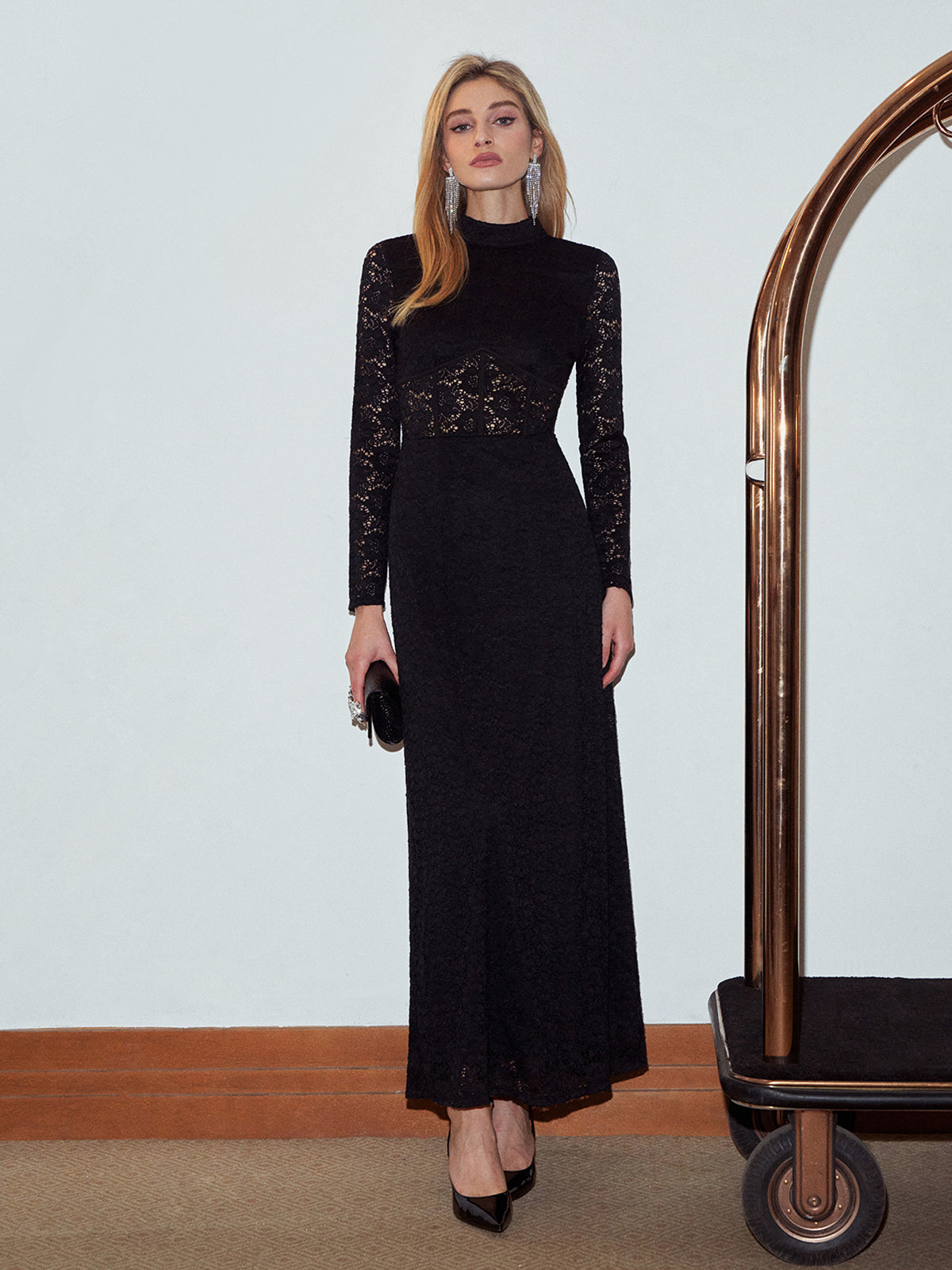 Mock Neck Lace Zipper Dress-Mesadic