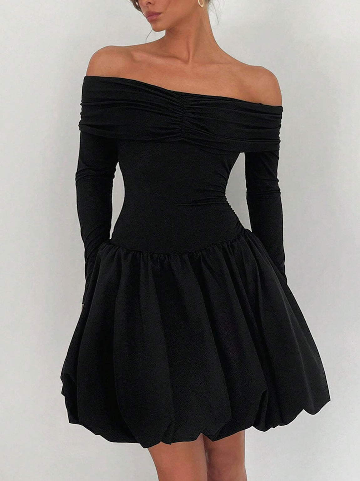 Straight-Shoulder Bud Waist Jersey Dress-Mesadic