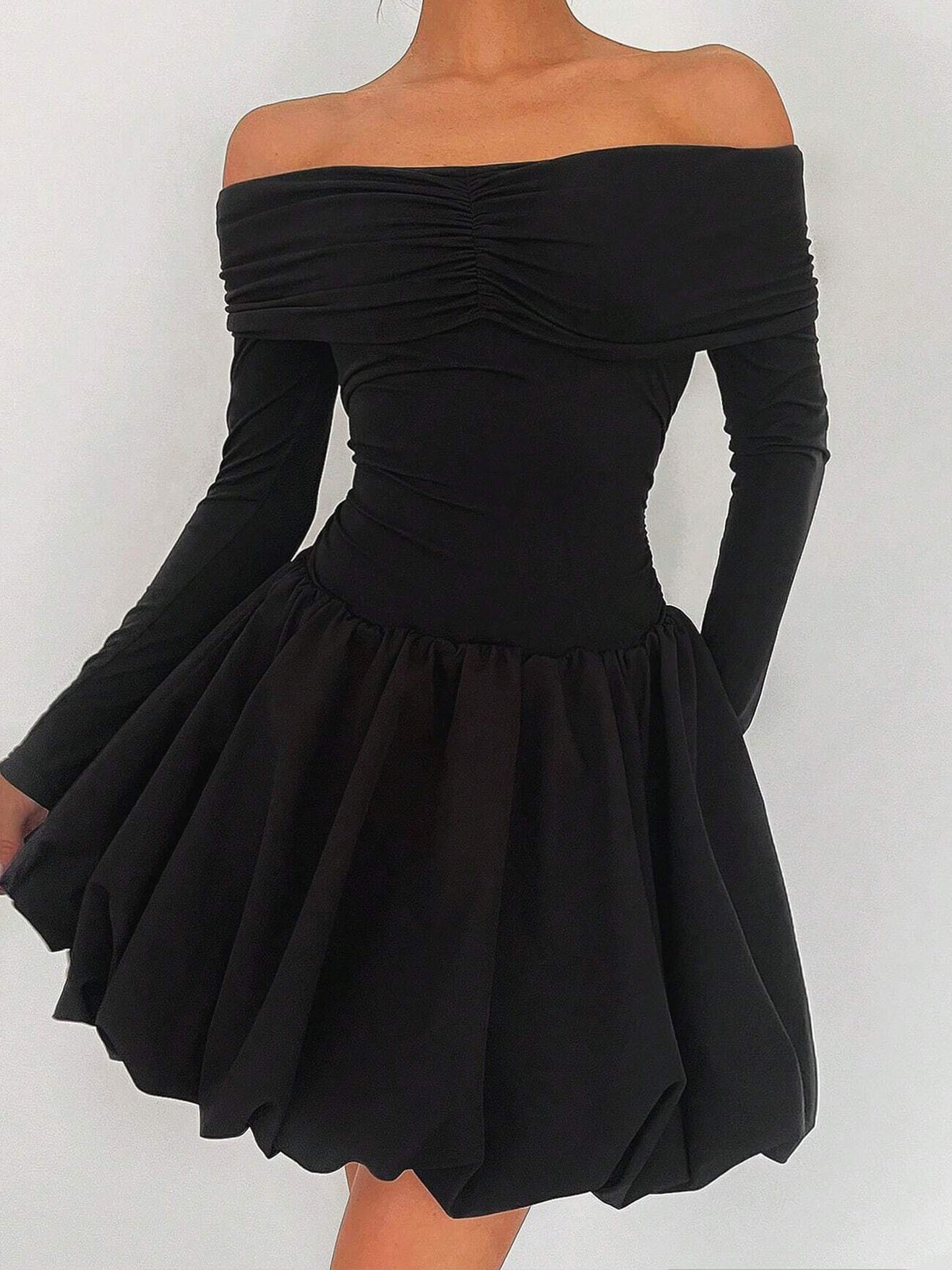 Straight-Shoulder Bud Waist Jersey Dress-Mesadic