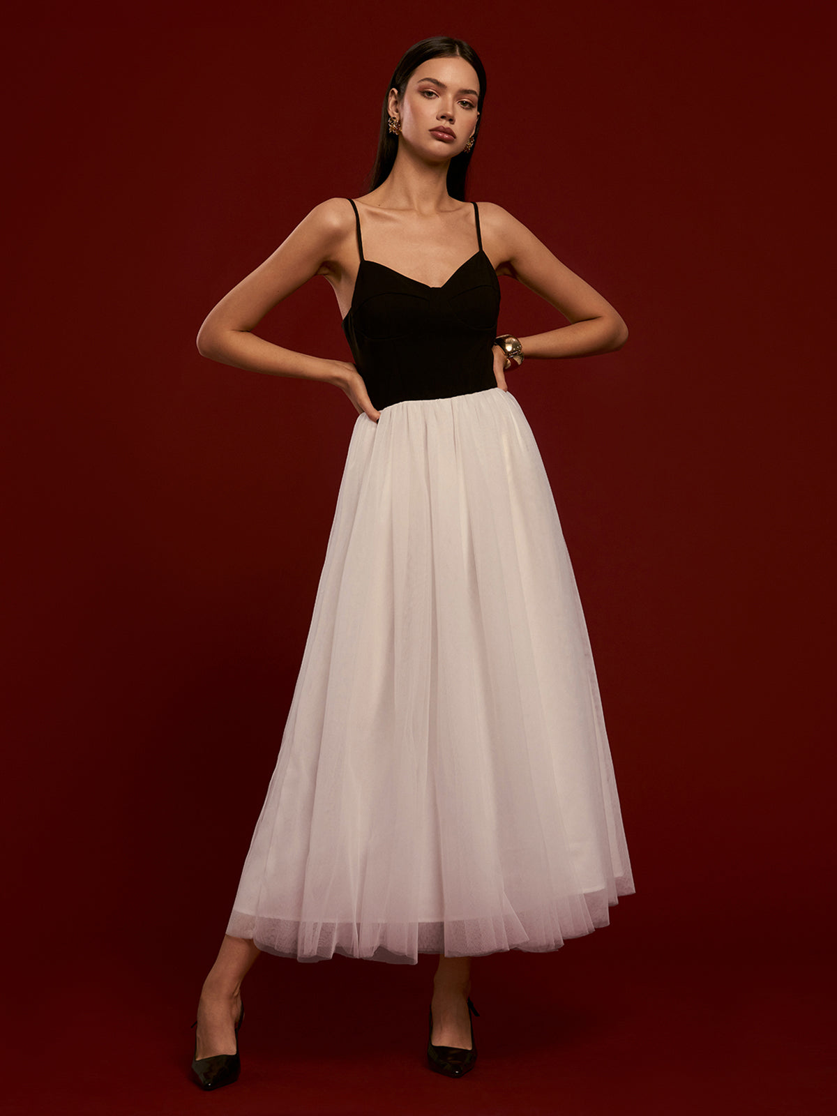 Two-Tone Mesh Cami Dress-Mesadic