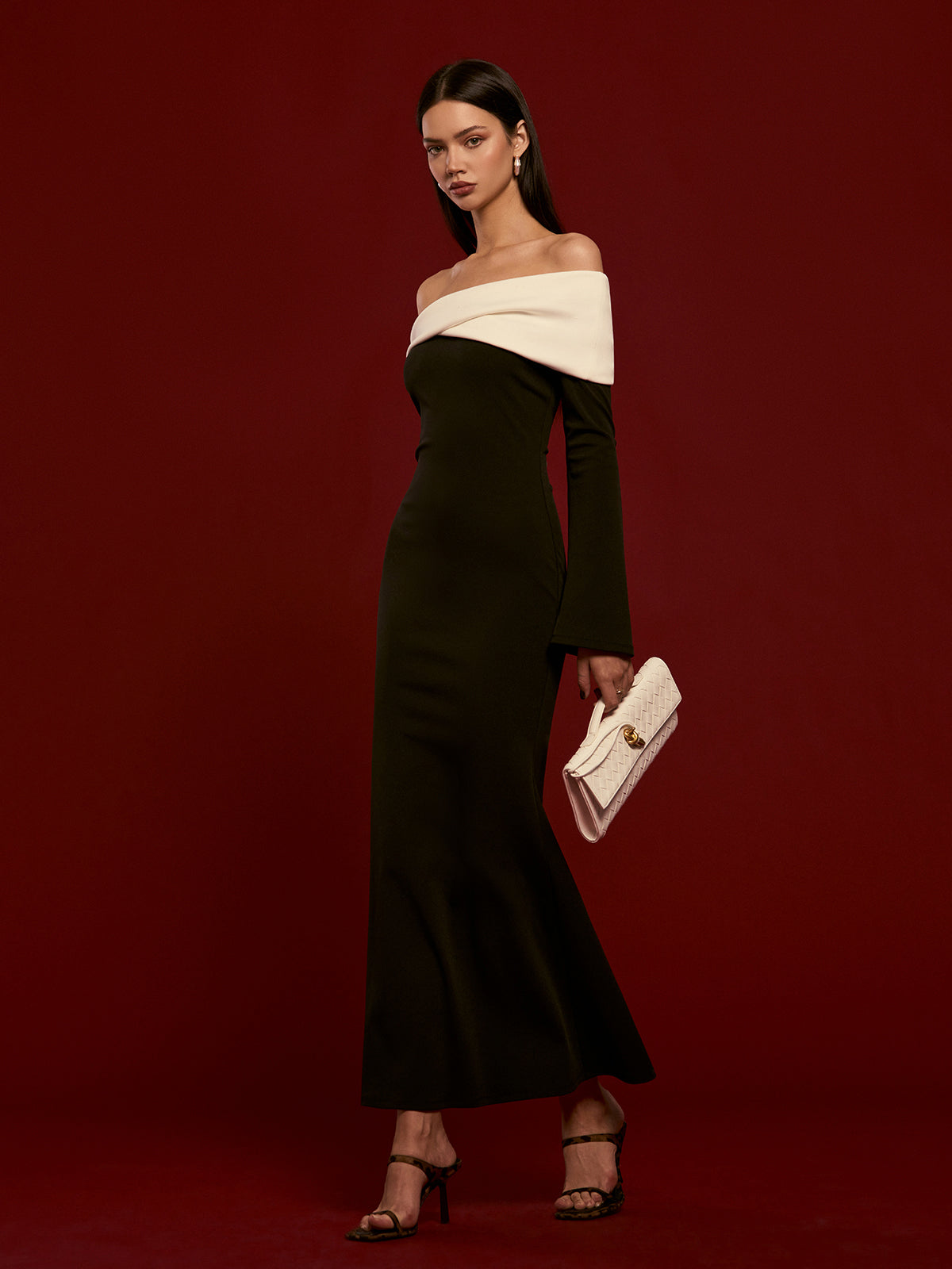 Off-Shoulder Ruched Bell-Sleeve Dress-Mesadic