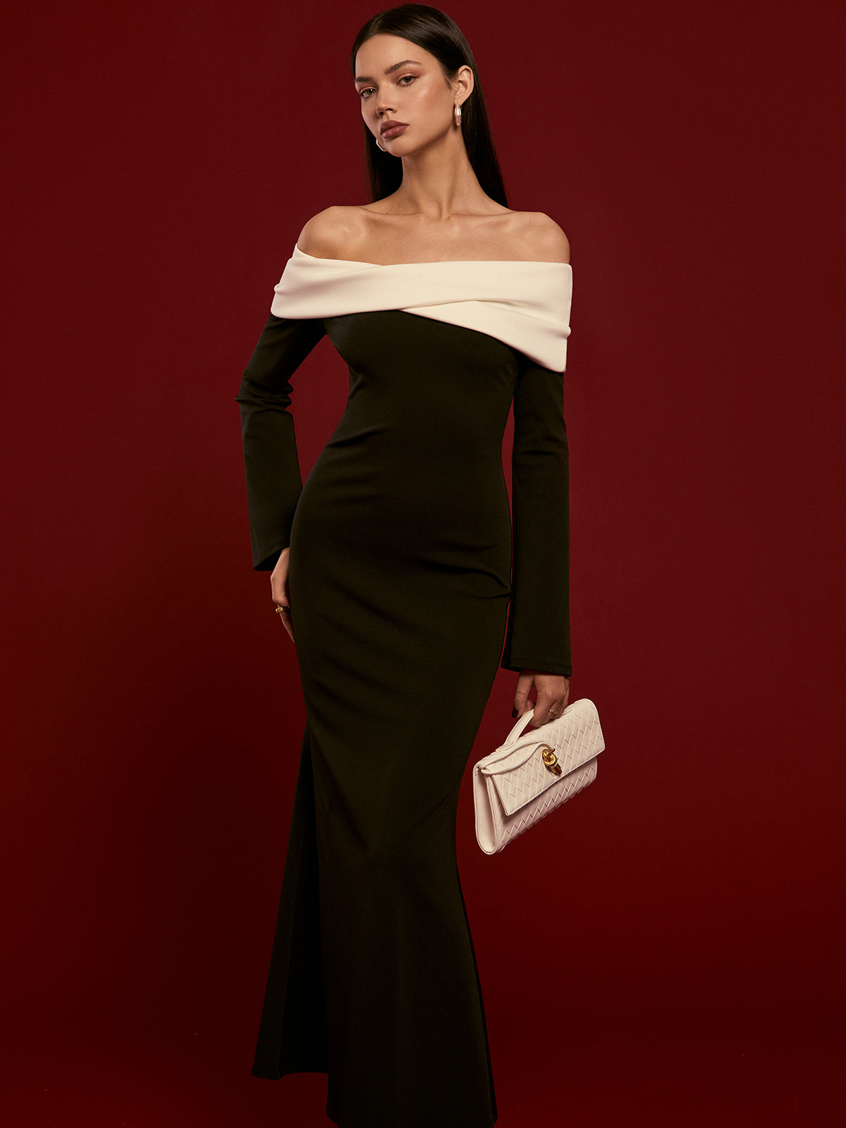 Off-Shoulder Ruched Bell-Sleeve Dress-Mesadic