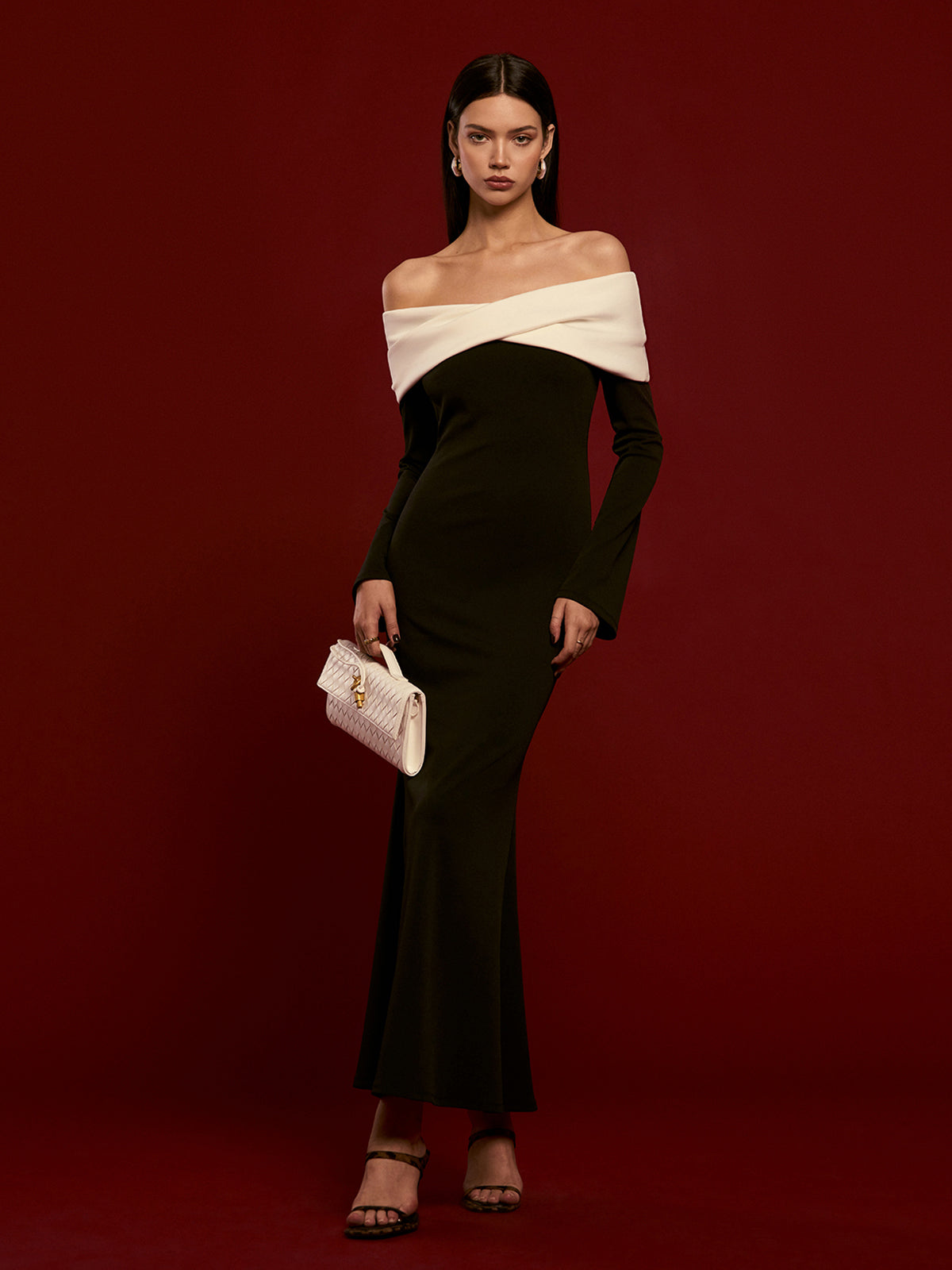 Off-Shoulder Ruched Bell-Sleeve Dress-Mesadic