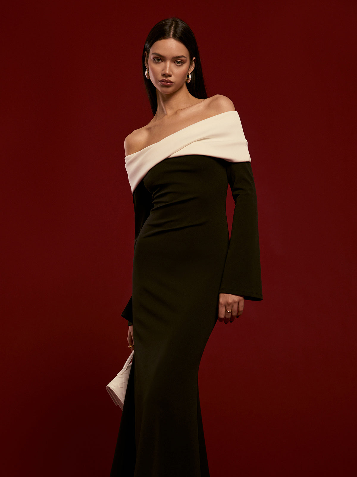 Off-Shoulder Ruched Bell-Sleeve Dress-Mesadic