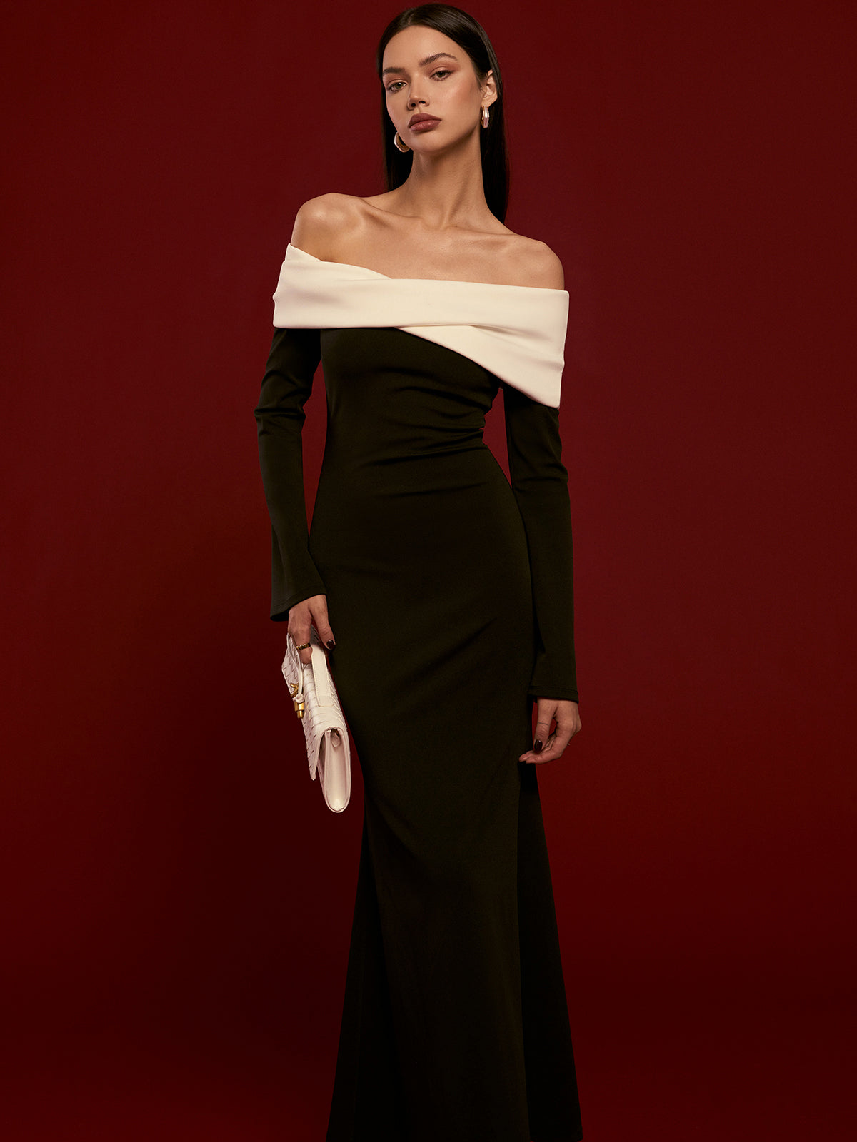 Off-Shoulder Ruched Bell-Sleeve Dress-Mesadic