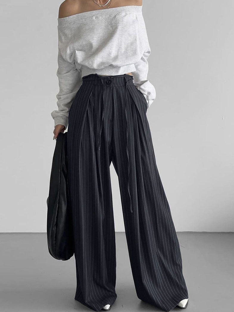 Drawstring Pinstripe Wide-Leg Pants-Mesadic