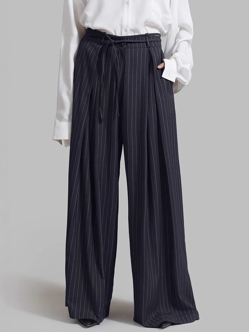 Drawstring Pinstripe Wide-Leg Pants-Mesadic