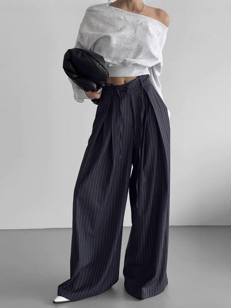 Drawstring Pinstripe Wide-Leg Pants-Mesadic