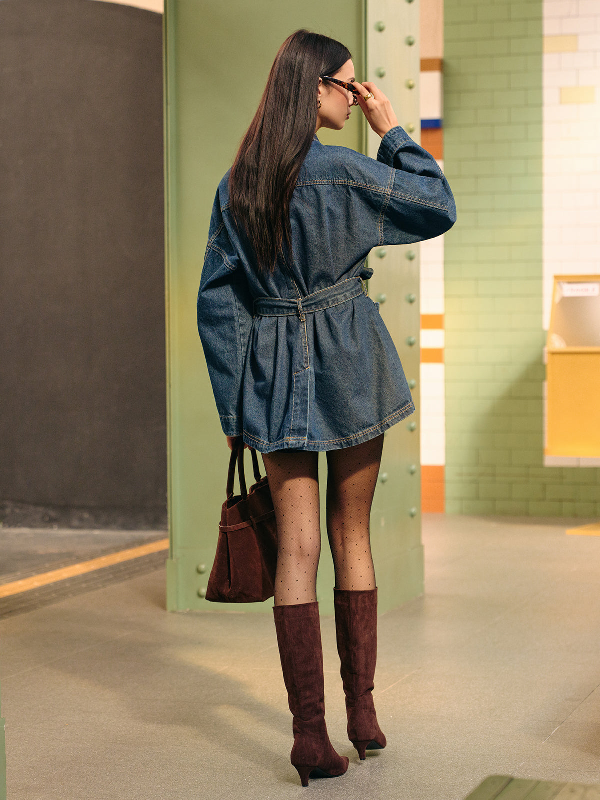 Belted Cargo Denim Polo Jacket-Mesadic