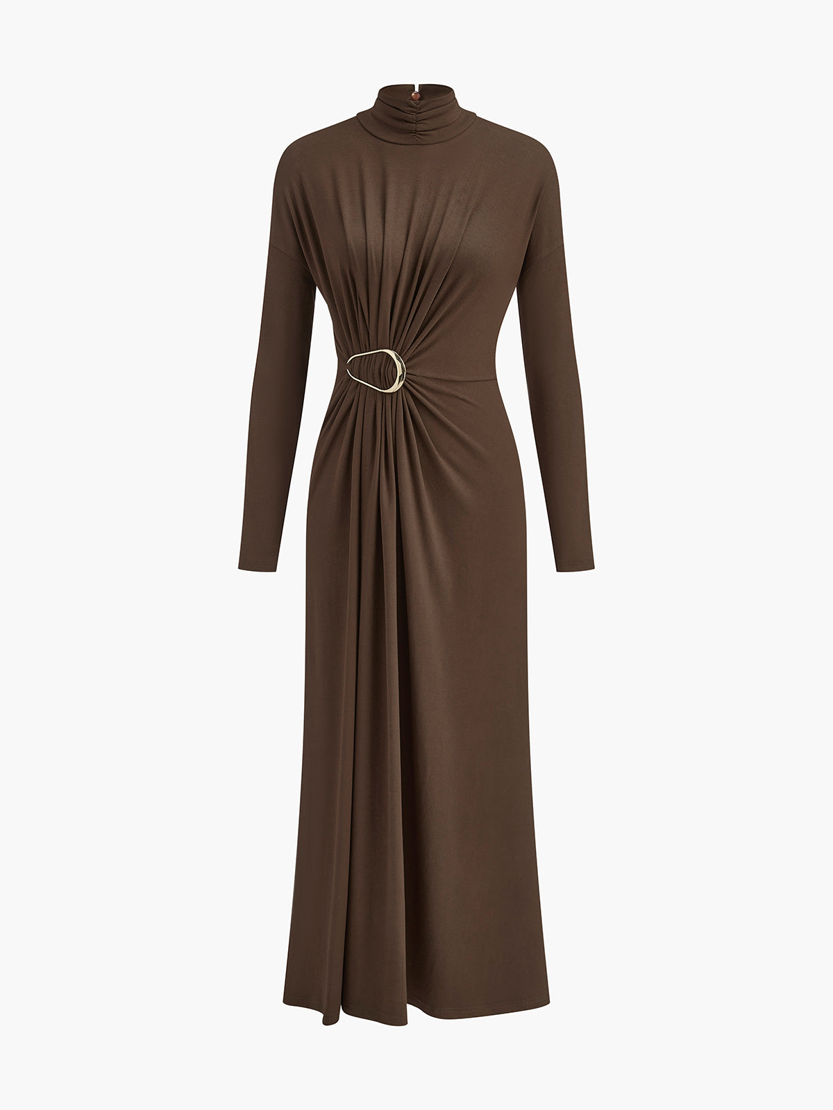 Turtleneck Knotted Pleated Long Dress-Mesadic