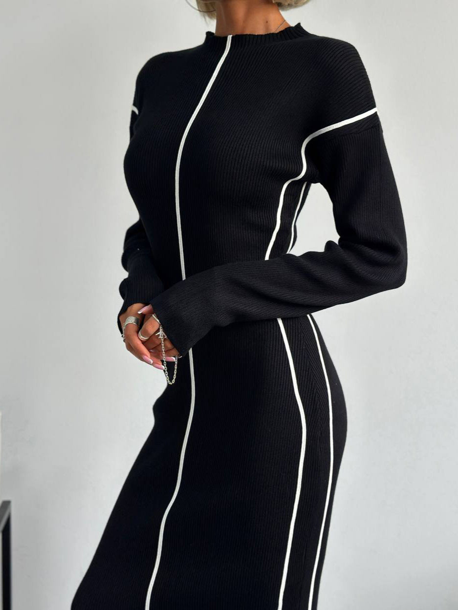 Ribbed Contrast Piping Sweater Dress-Mesadic
