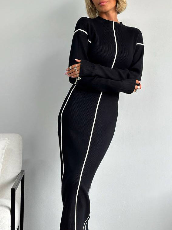 Ribbed Contrast Piping Sweater Dress-Mesadic