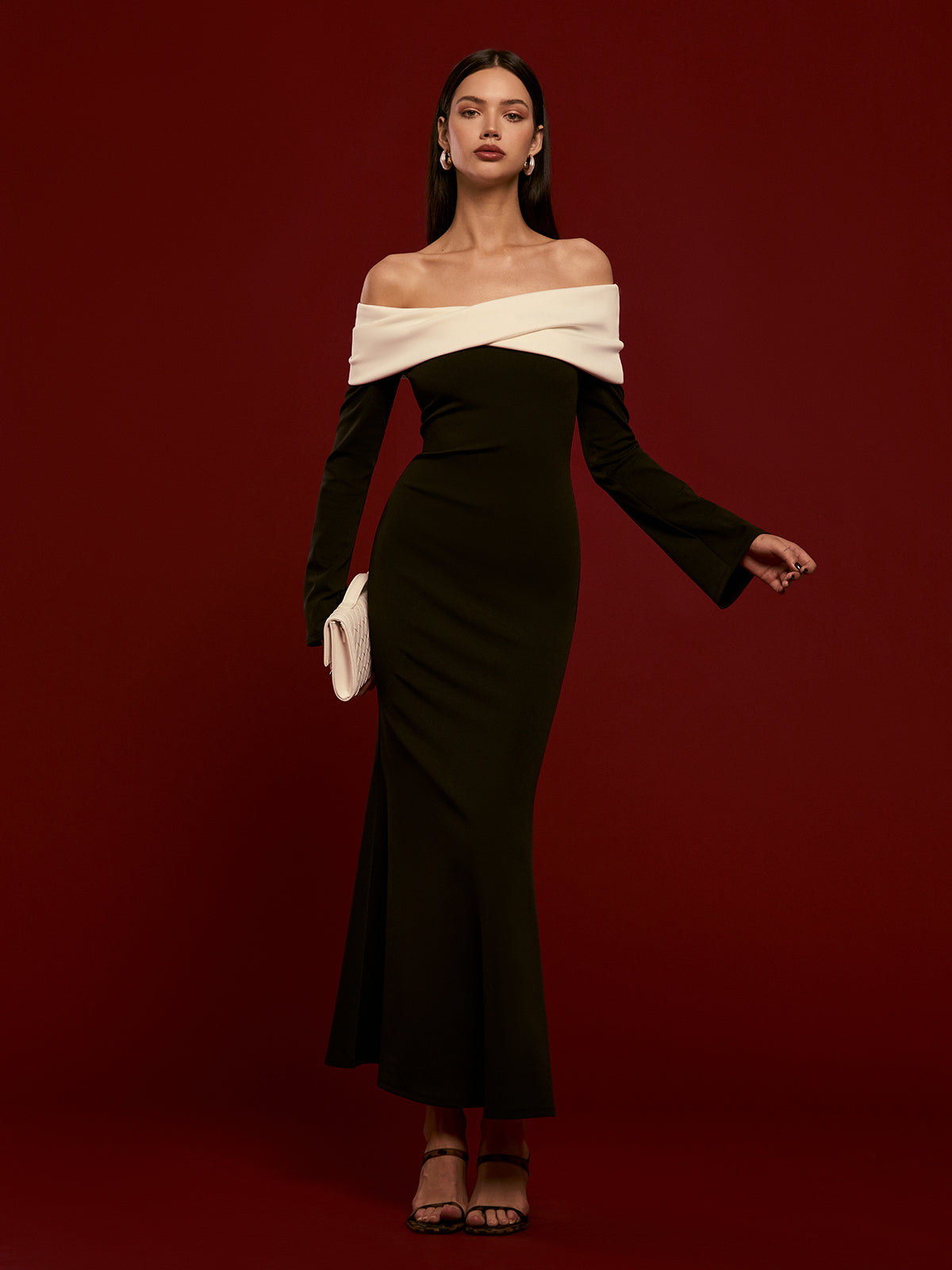 Off-Shoulder Ruched Bell-Sleeve Dress-Mesadic