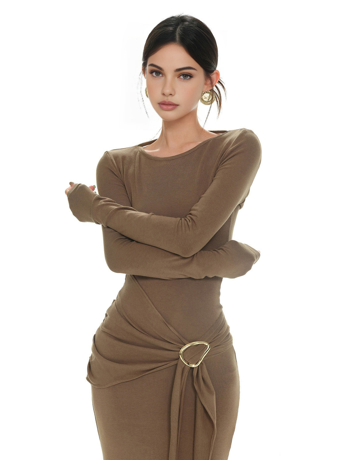 Plain Ruched Slim Knit Dress-Mesadic