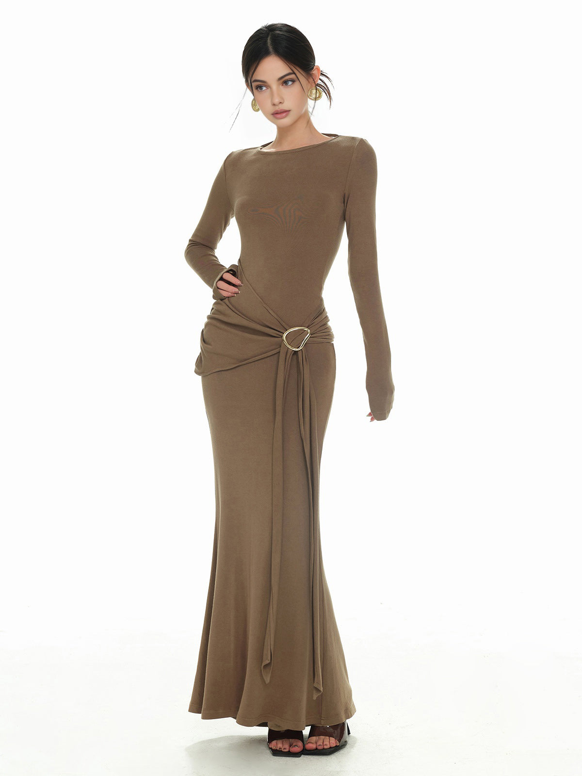 Plain Ruched Slim Knit Dress-Mesadic