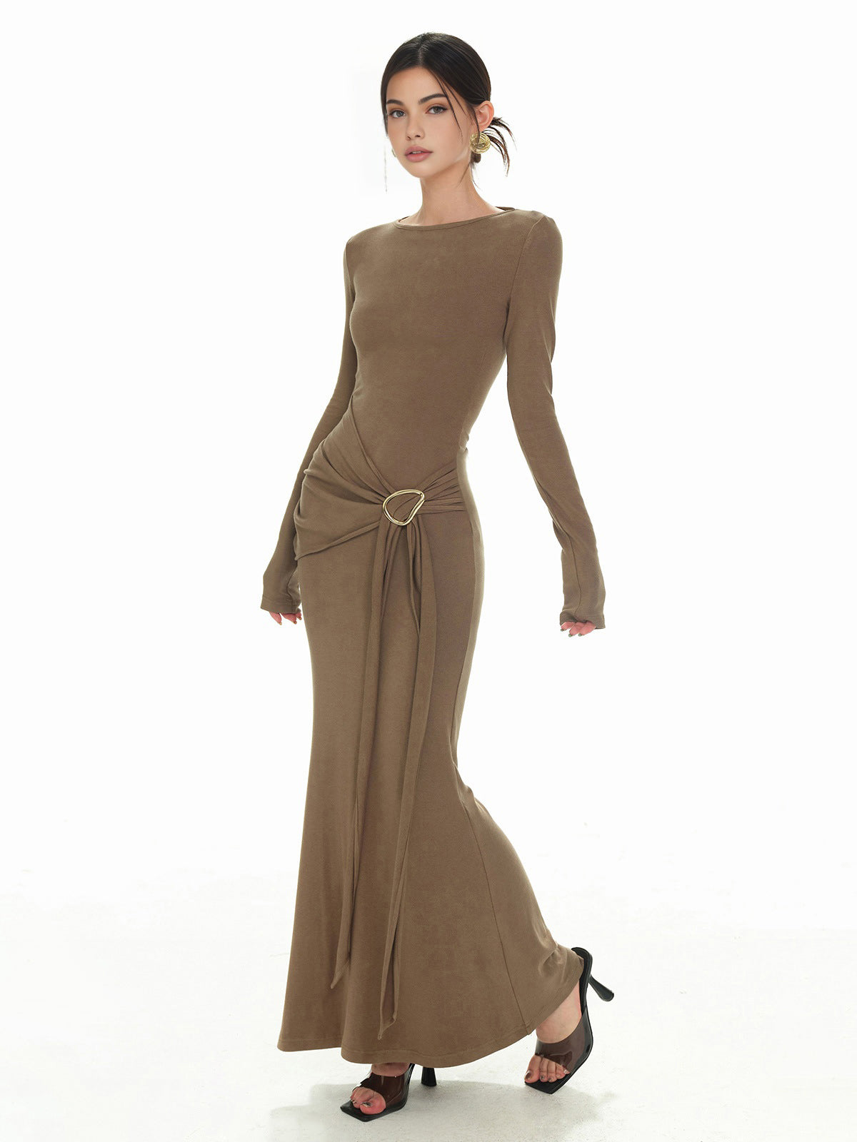 Plain Ruched Slim Knit Dress-Mesadic