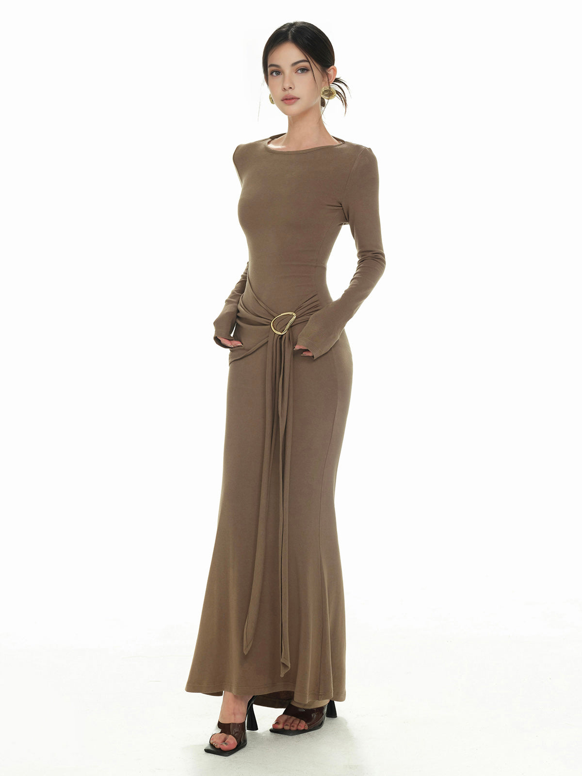 Plain Ruched Slim Knit Dress-Mesadic