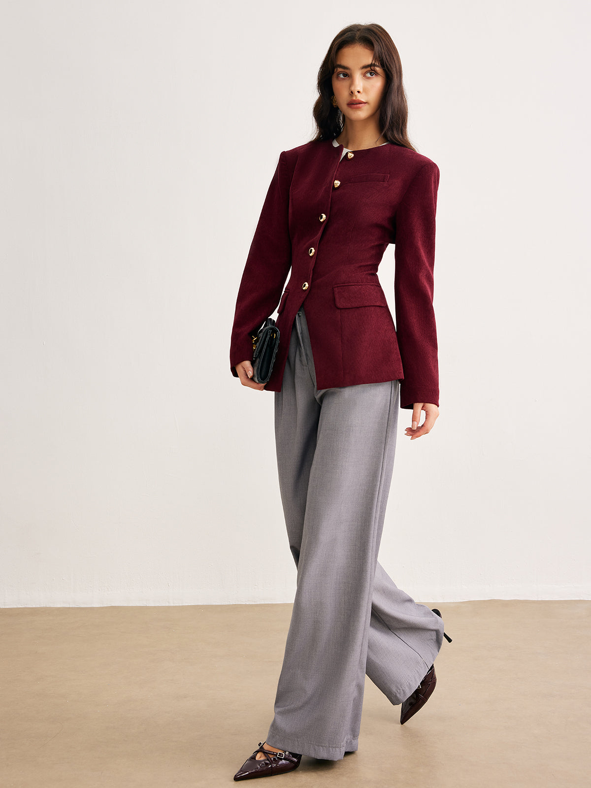 Round Neck Button Corduroy Blazer-Mesadic