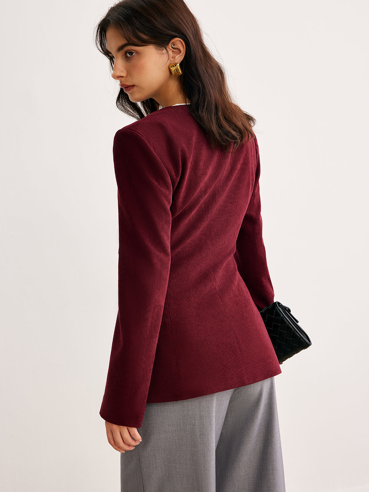 Round Neck Button Corduroy Blazer-Mesadic