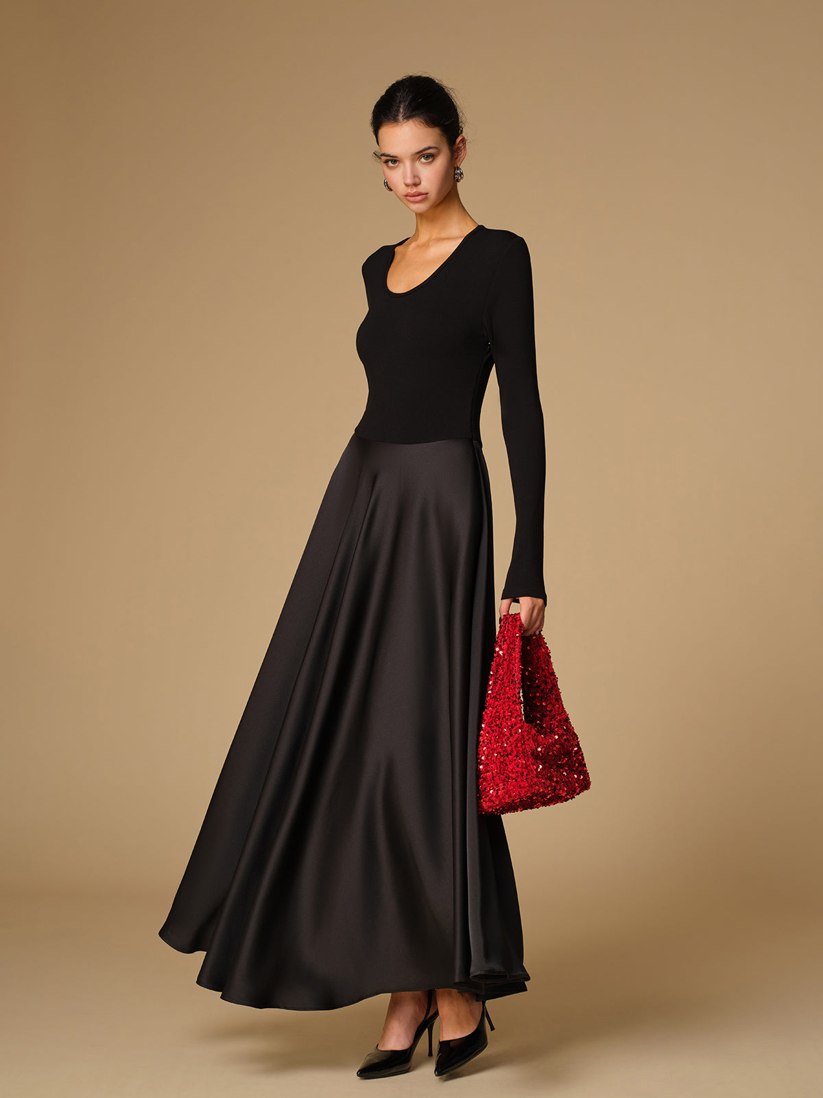 Satin Panel Jersey Long Dress-Mesadic