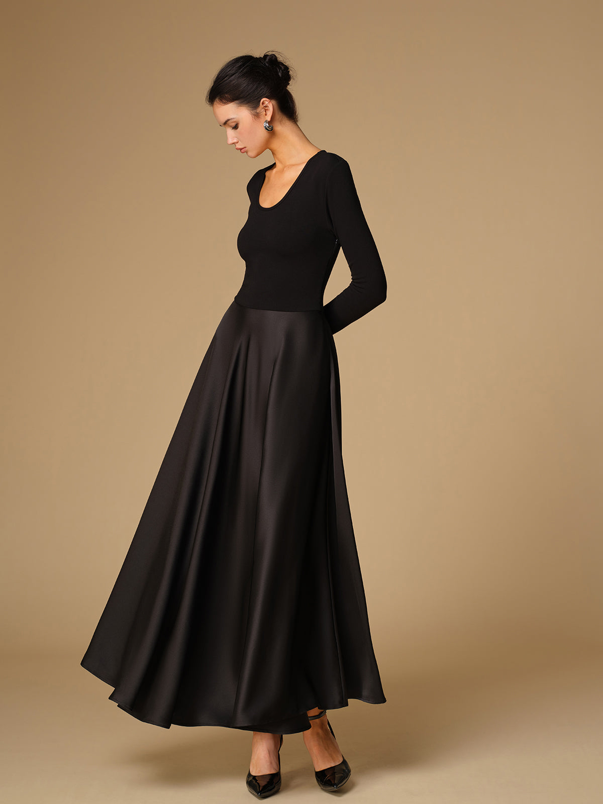 Satin Panel Jersey Long Dress-Mesadic