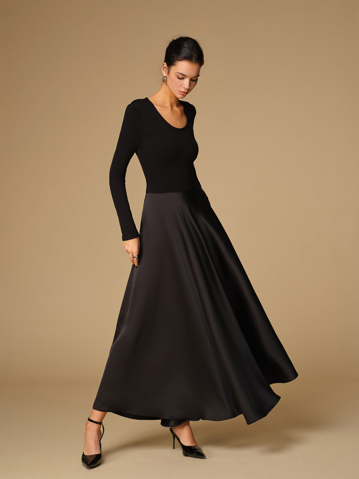Satin Panel Jersey Long Dress-Mesadic