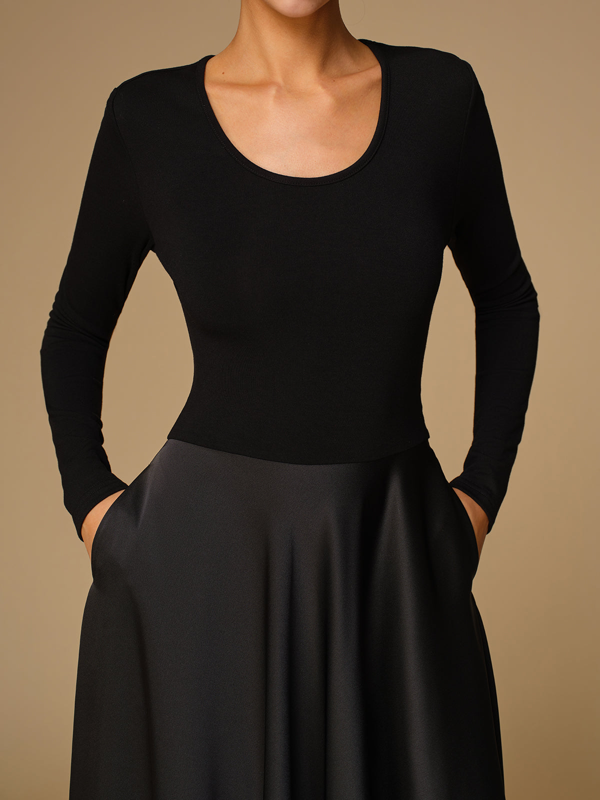 Satin Panel Jersey Long Dress-Mesadic