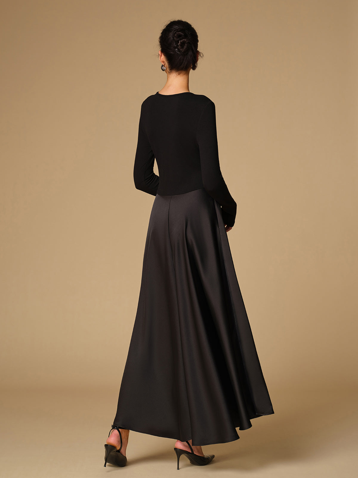 Satin Panel Jersey Long Dress-Mesadic