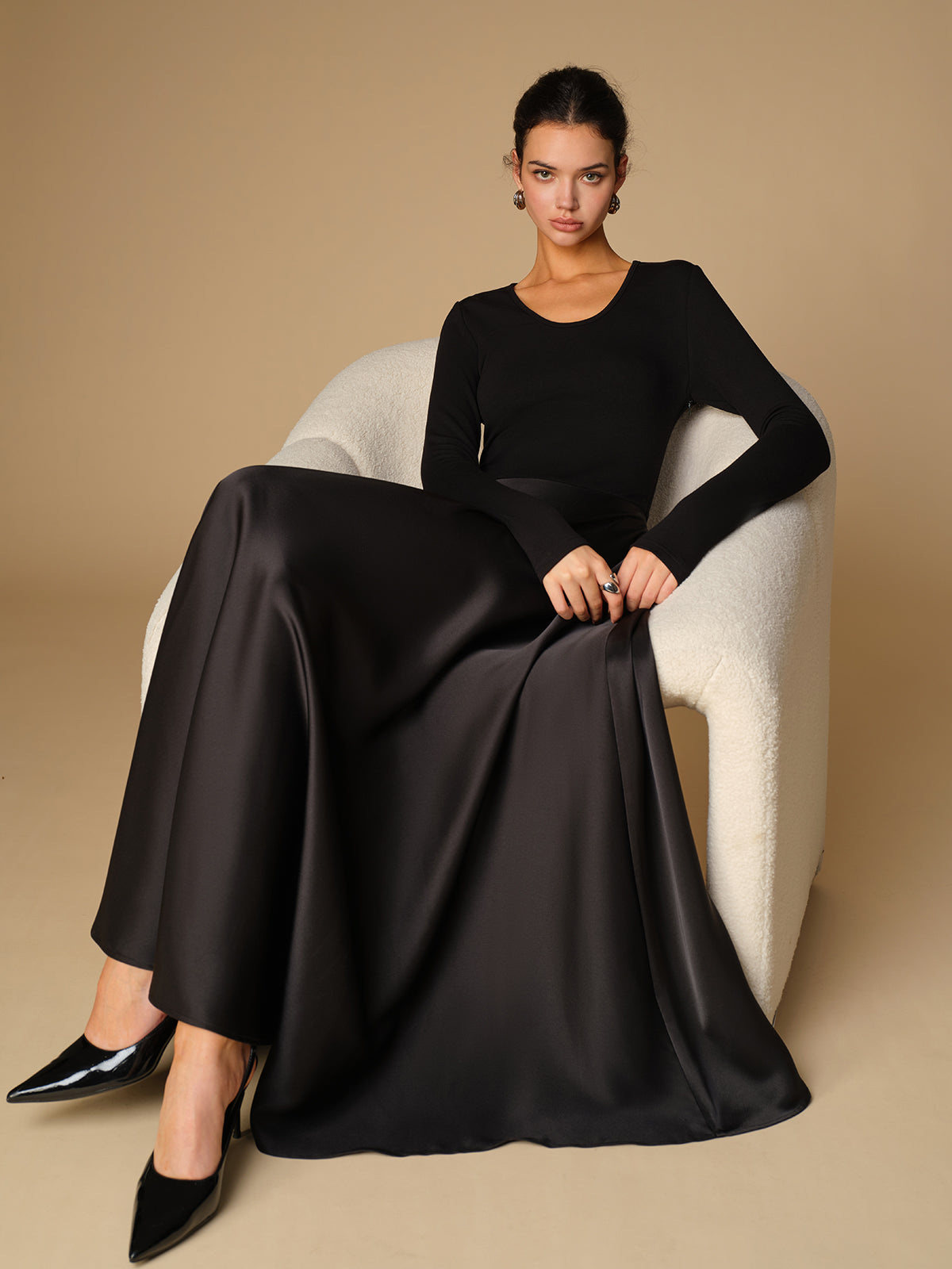 Satin Panel Jersey Long Dress-Mesadic