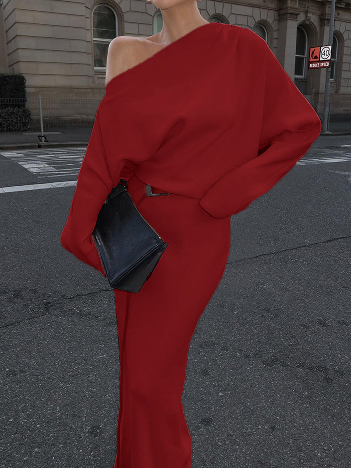 Asymmetrical Off Shoulder Solid Long Sleeve Maxi Dress-Mesadic