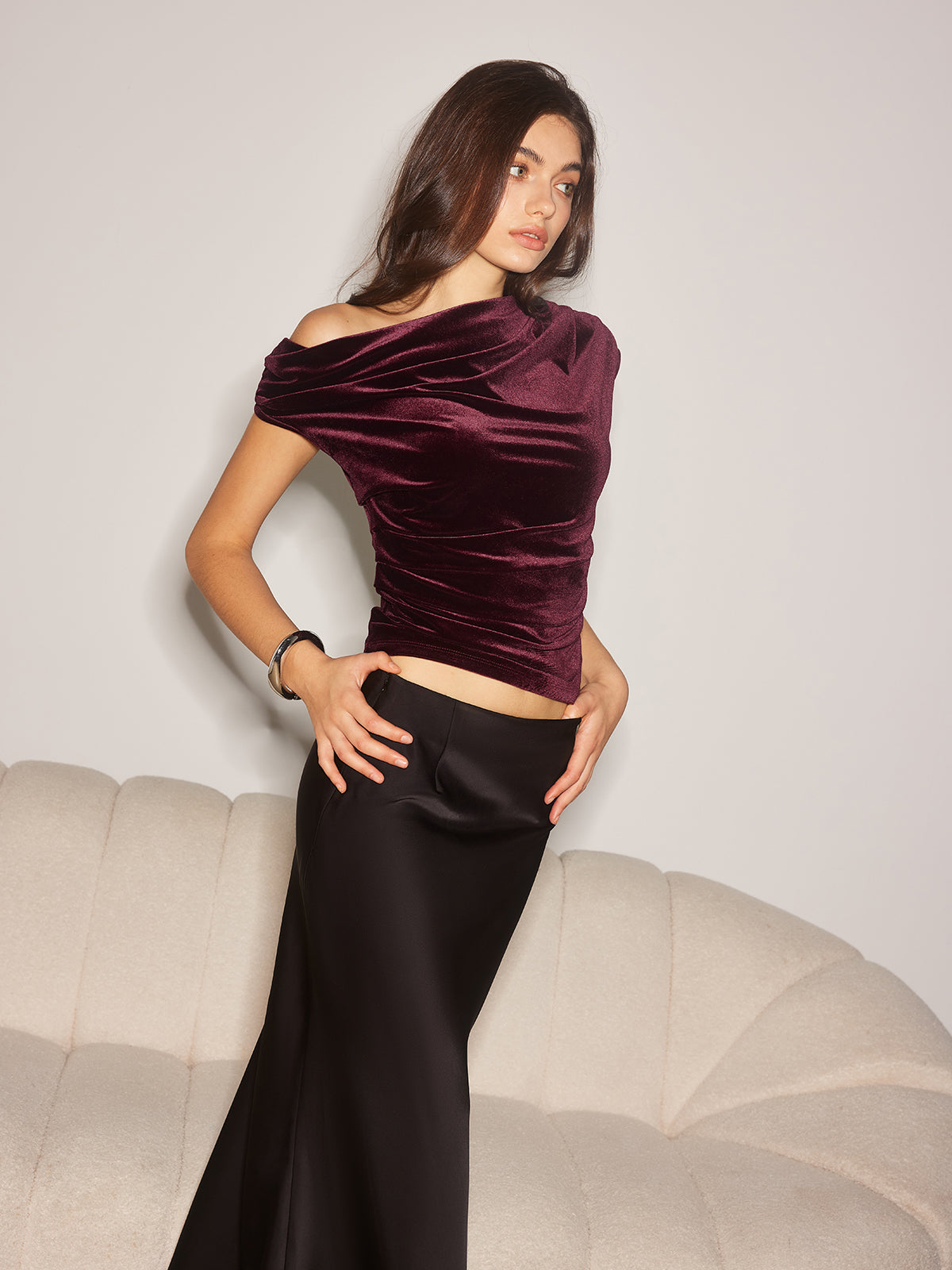 Asymmetrical Pleated Velvet Tank Top-Mesadic