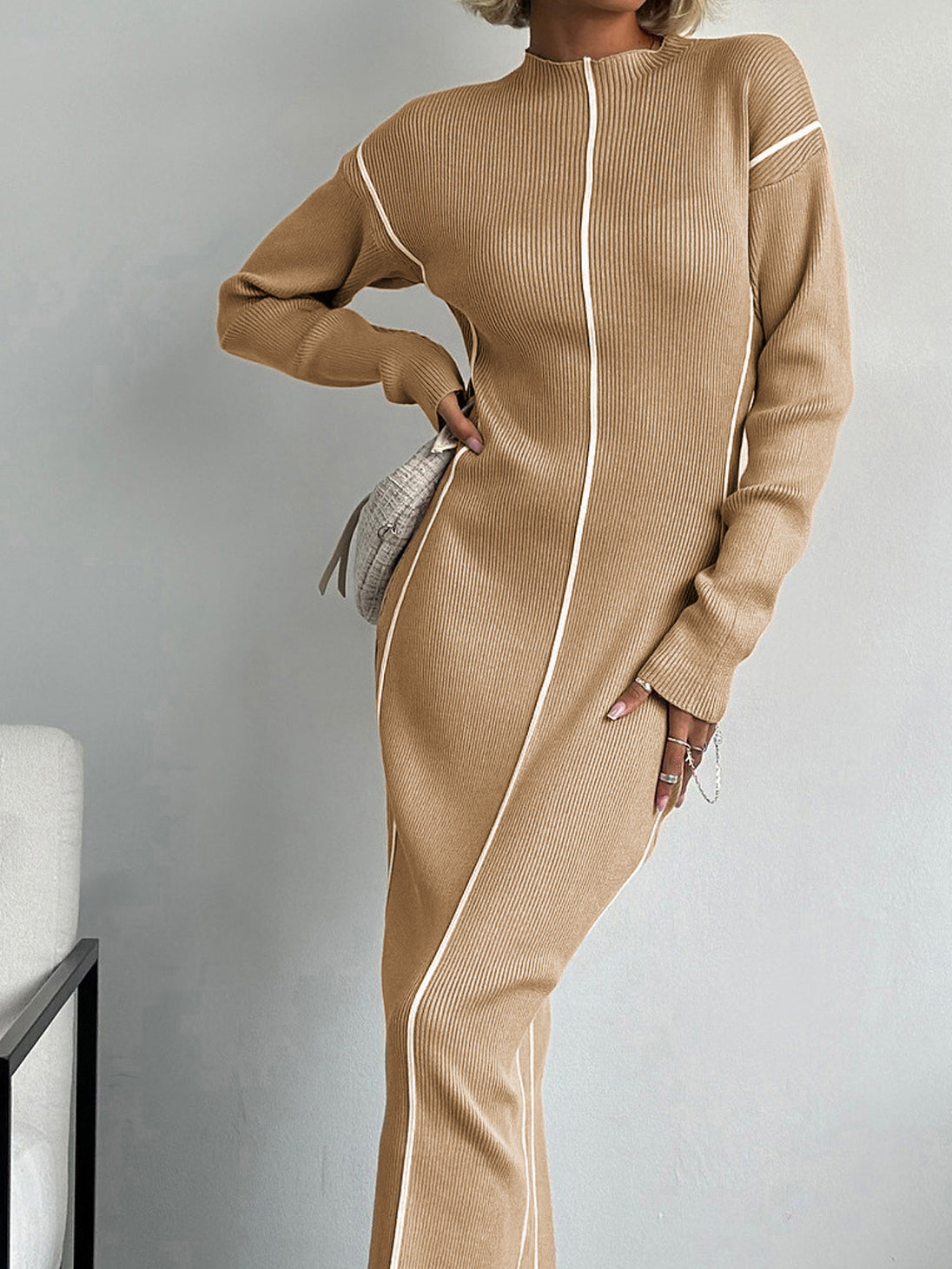 Ribbed Contrast Piping Sweater Dress-Mesadic