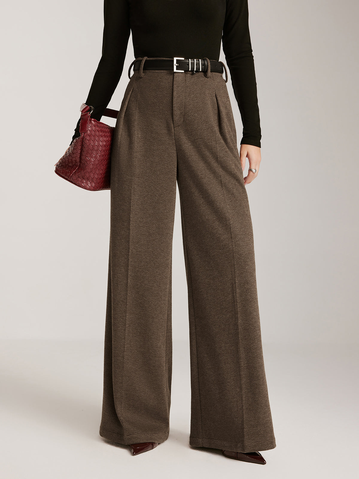 Wool-Blend Chevron Wide-Leg Pants Without Belt-Mesadic