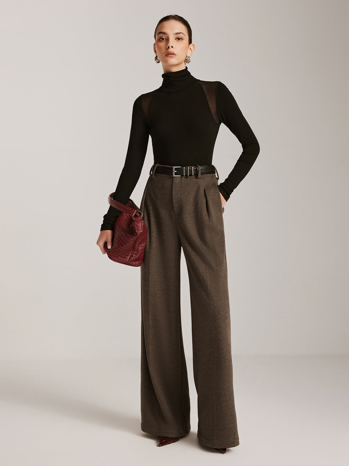 Wool-Blend Chevron Wide-Leg Pants Without Belt-Mesadic
