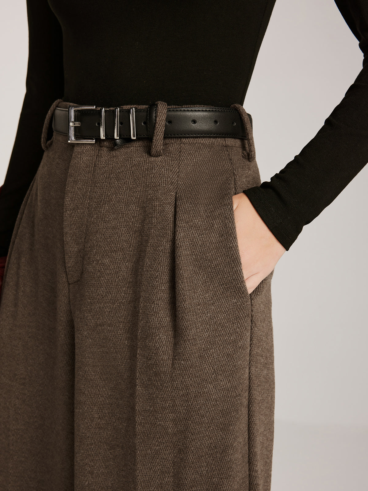 Wool-Blend Chevron Wide-Leg Pants Without Belt-Mesadic