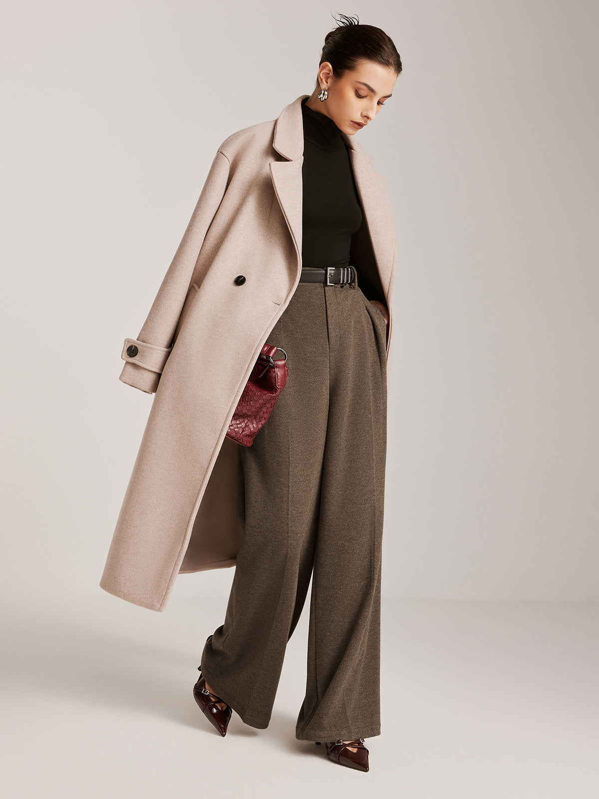 Wool-Blend Chevron Wide-Leg Pants Without Belt-Mesadic