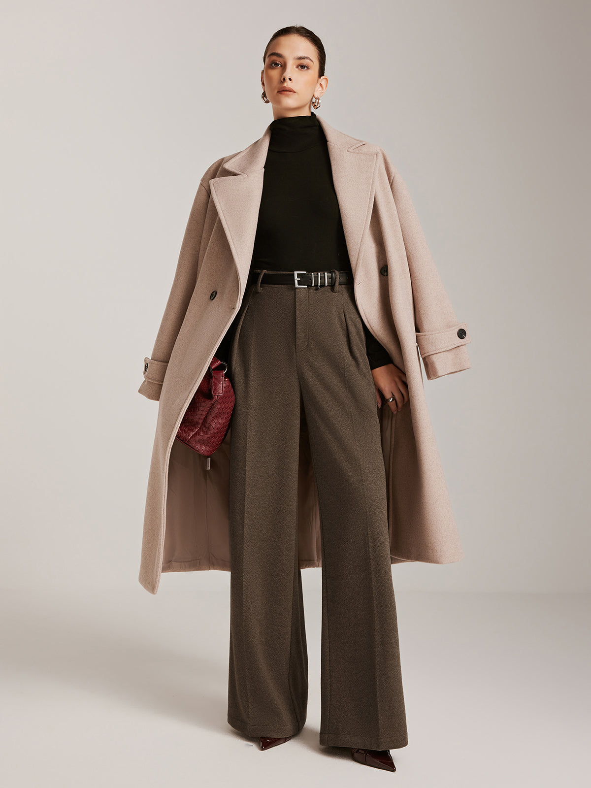 Wool-Blend Chevron Wide-Leg Pants Without Belt-Mesadic