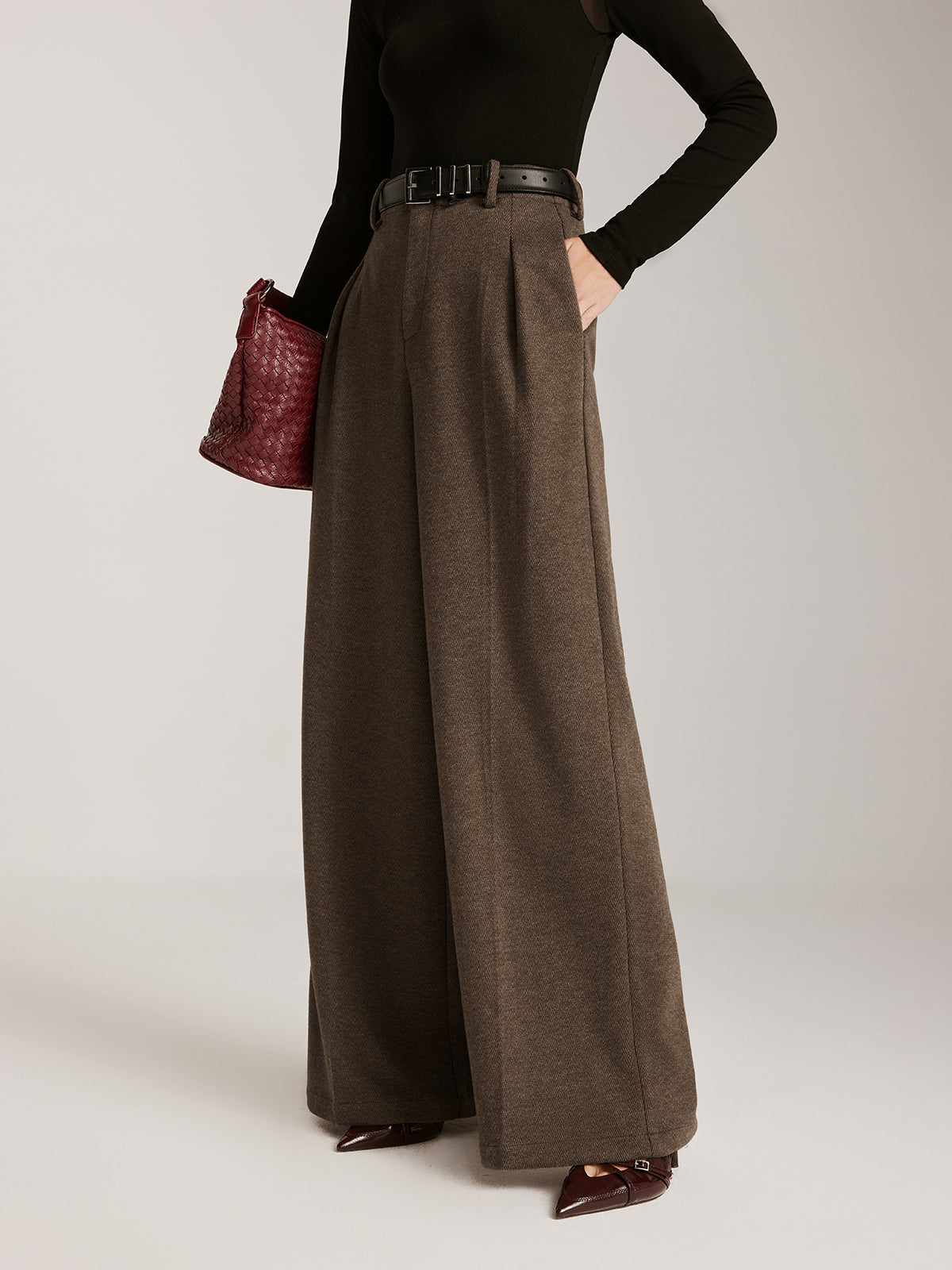 Wool-Blend Chevron Wide-Leg Pants Without Belt-Mesadic