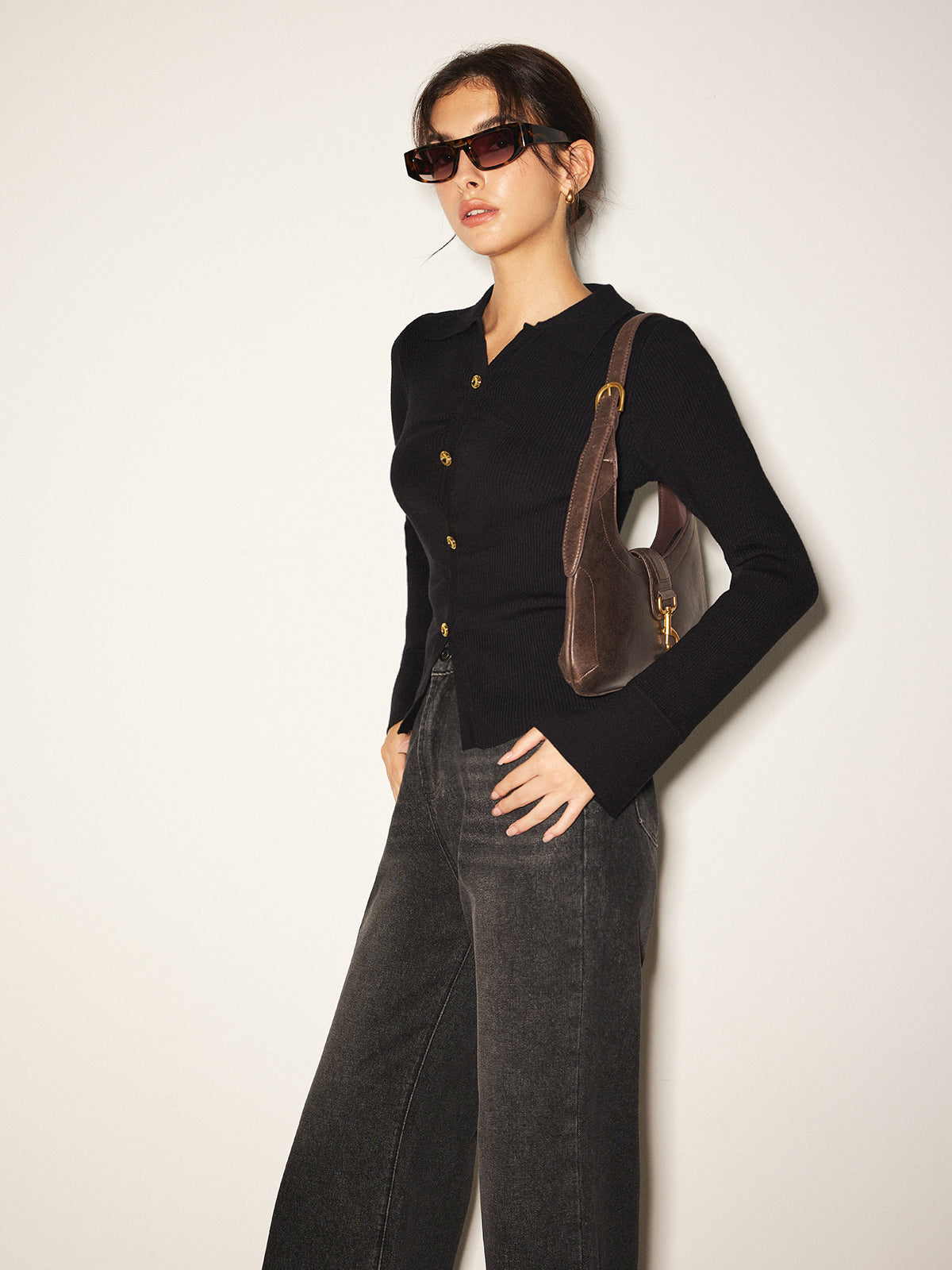 Button Split Slim Polo Sweater-Mesadic