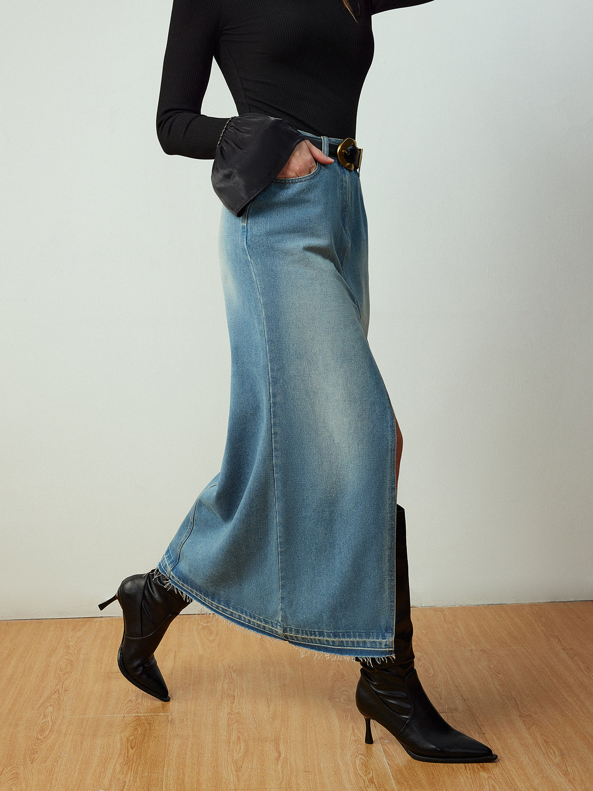 Split Denim Pockets Skirt Without Belt-Mesadic